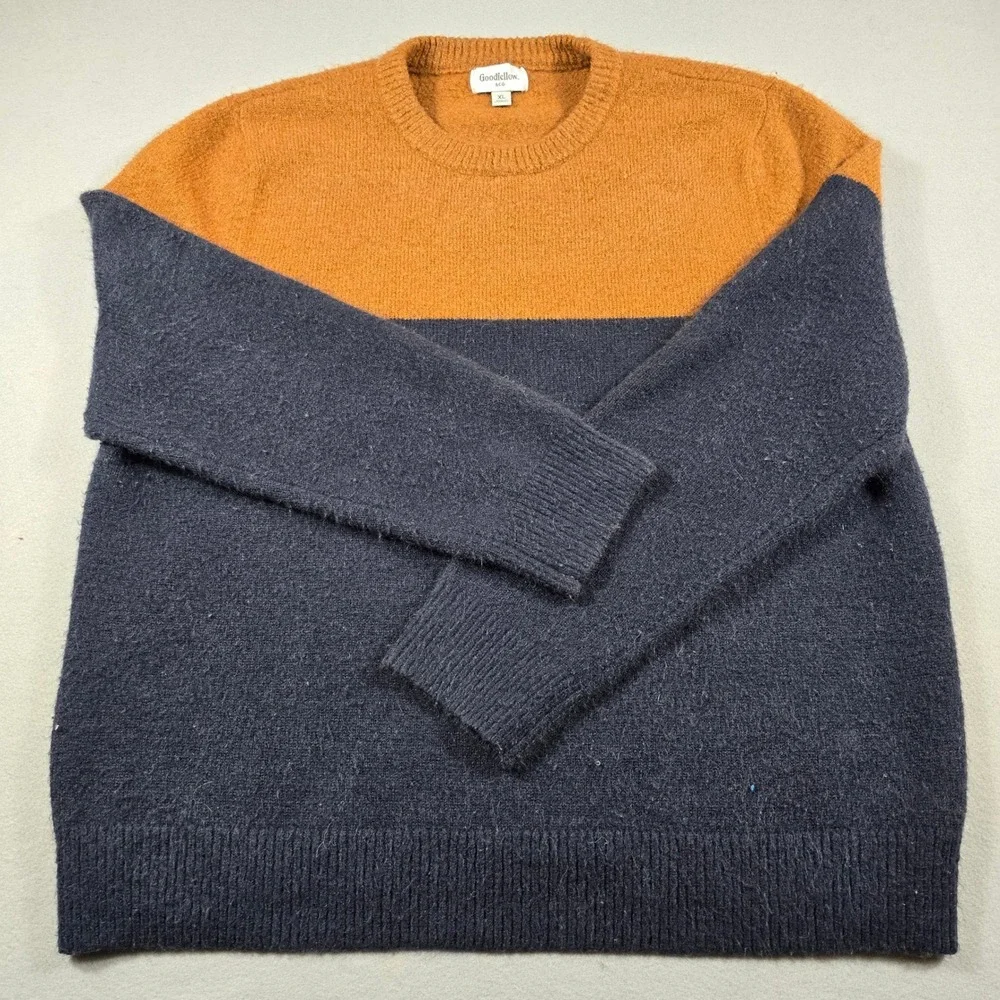 Goodfellow & Co Mens XL Orange Navy Blue Sweater Colorblock Crew Neck Soft Knit